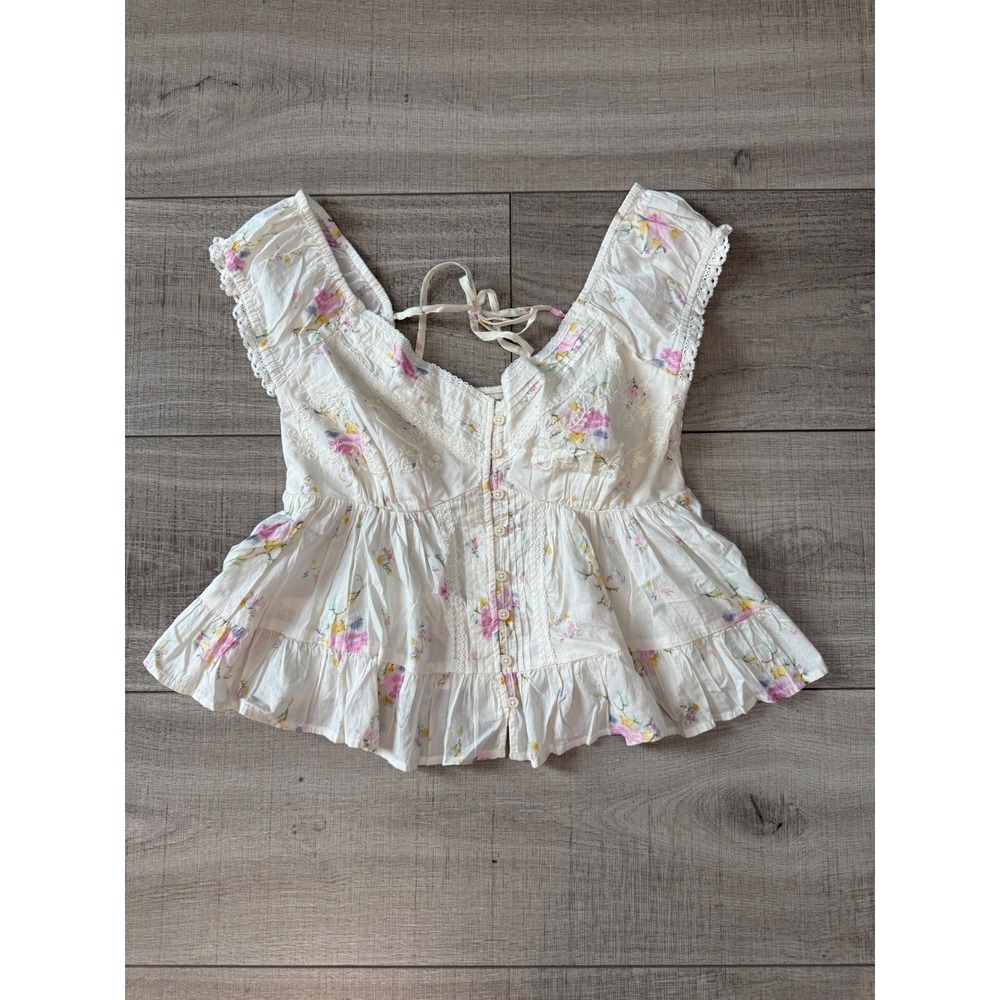Universal Thread Floral Cotton Peplum Blouse Lace Trim
